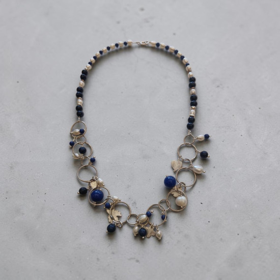 • Statement Ασημένιο Κολιέ με Φυσικά Μαργαριτάρια & Lapis Lazuli 