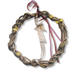 Wooden wreath with ceramic house & bronze charm 